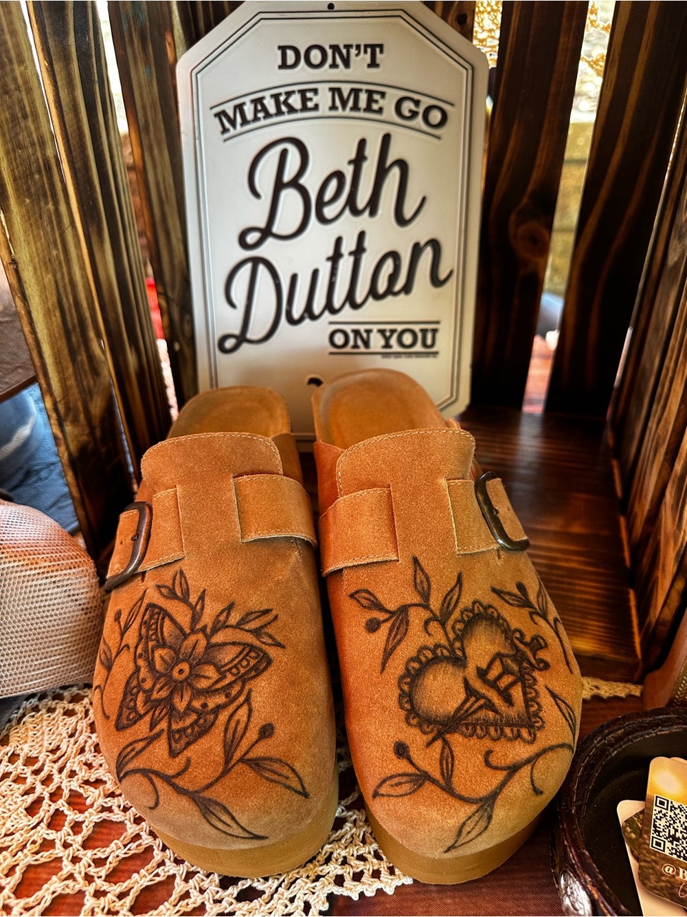 Platform Suede Freehand drawn art-Clogs - Tan Size 8 1/2